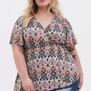 Torrid Size 2 (2X) Boho Ikat Print Faux Wrap Blouse Tie Front Flowy Top Plus